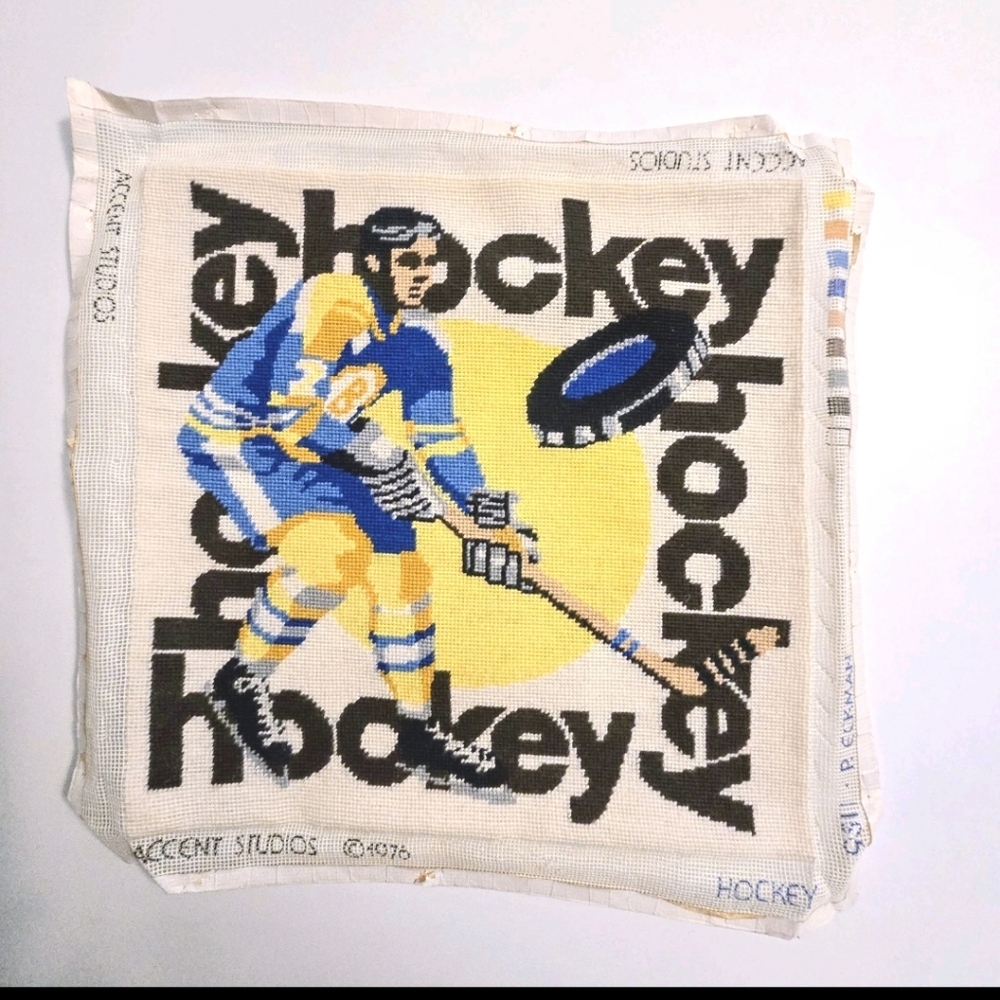 Hockey Needlepoint Finished Panel Ready To Frame Pillow ~13x13 1976 Sport